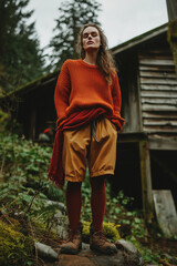 AI. Androgynous woman wearing modern attire next to the cabin