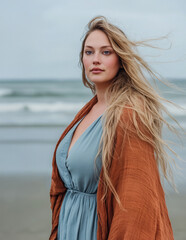 AI. Beautiful plus size woman at the beach