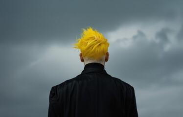AI. Businessman with yellow hairstyle looking at sky