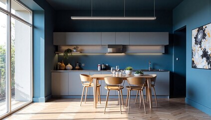 Fototapeta premium Sunlight illuminates a modern dining area featuring a wooden table, chairs, and minimalist decor, presenting a warm, inviting atmosphere with subtle geometric patterns on the flooring.