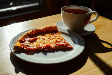 AI. Italian pizza and tea on a table