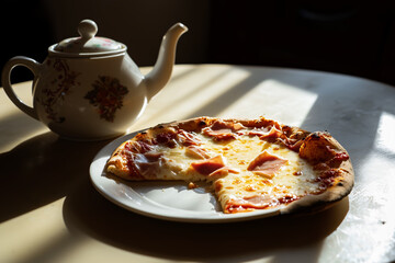 AI. Italian pizza and tea on a table