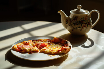 AI. Italian pizza and tea on a table