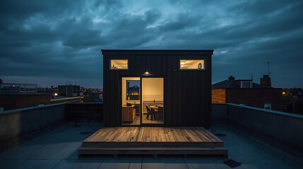 Modern tiny house on urban rooftop with moody sky and cinematic lighting