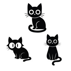 Three black cartoon cats with large white eyes black cat