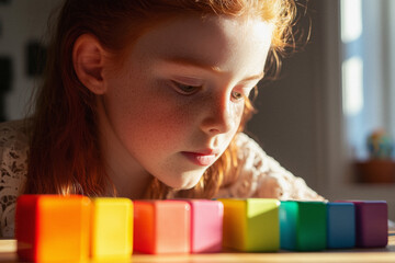 AI. Cute girl with autism in an educational class