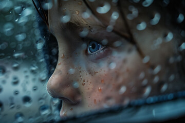 AI. Sad teen behind the wet glass