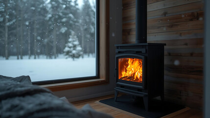 Cozy winter cabin with compact fireplace and snow falling outside
