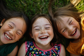AI. Three cute girls having fun on a grass