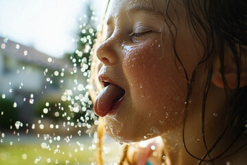 AI. Cute playful girl playing with water splashes