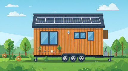 Modern tiny house with solar panels in scenic landscape