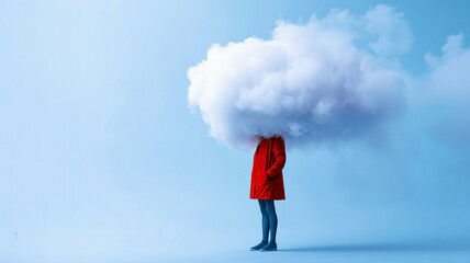 AI. Surreal portrait of the woman with head hiding in a cloud