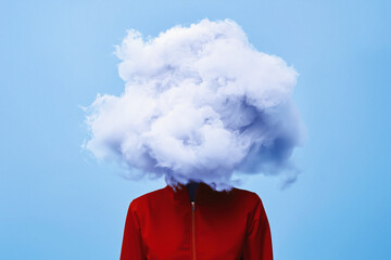 AI. Surreal portrait of the woman with head hiding in a cloud