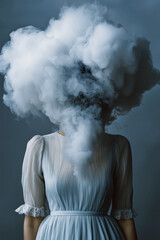AI. Surreal portrait of the woman with head hiding in a cloud