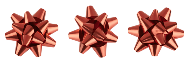 Three shiny red gift bows isolated on transparent background, perfect for the holidays
