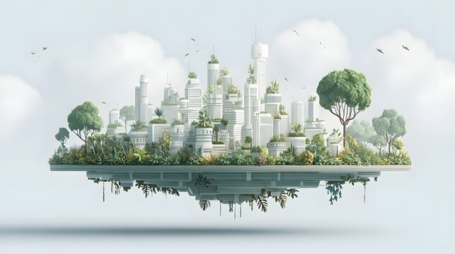 Floating futuristic metropolis integrates extensive greenery and sustainable architecture high above the ground