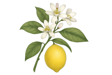 Lemon fruit on branch with blossom vintage botanical illustration