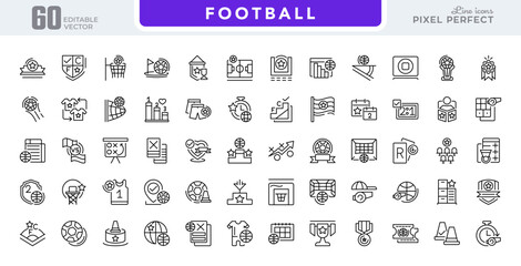 Football line icon set. Football, match, team, goals, ground, players, numbers, board, sports, flag, timer, out, costume, jersey, point, flag, star vector outline icons. Pixel-perfect editable stroke