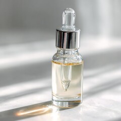 Clear glass dropper bottle containing amber liquid rests on a bright surface with sunlit shadows.