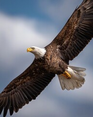 Fototapeta premium Majestic eagle soars against a serene sky, wings wide, capturing freedom.