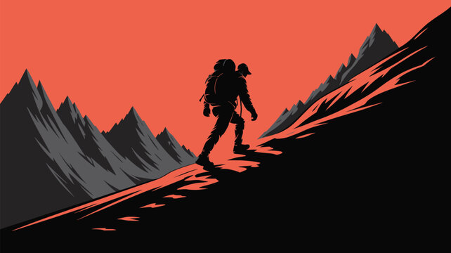 Inspiring silhouette of a hiker conquering a mountain peak, ideal for adventure, travel, and outdoor lifestyle brands looking for strong visuals