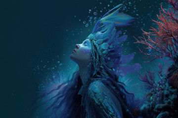 Young woman wearing elaborate aquatic headdress posing underwater surrounded by colorful coral and marine plants, tilting head upward with eyes closed
