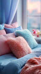 Soft pillows in pastel pink and blue tones create a cozy bedroom atmosphere by the window.
