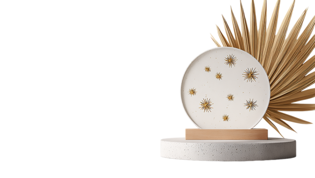 Round star plate on a pedestal with a golden palm leaf in   isolated on transparent background
