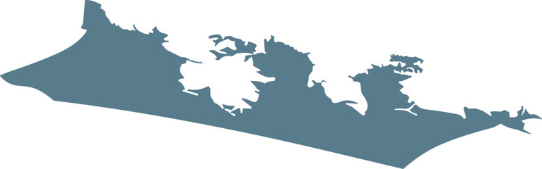 A solid silhouette map shape with jagged coastline edges and an irregular landform outline.