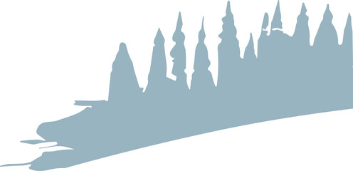 A whimsical castle silhouette with tall pointed spires arranged along a sloping landscape in a single flat color.