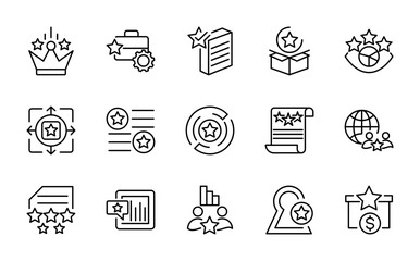 Fototapeta premium Star line icon set. Firework, rating, like, dislike, customer experience, review, unicorn, winner, award, prize, incentive, certification, evaluation, stamp vector icons. Pixel-perfect editable stroke