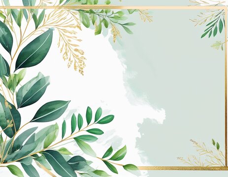 wedding invitation card with greenery watercolor branch leaf and gold frame in minimalist style - Powered by Adobe