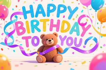 Obraz premium Vibrant digital illustration featuring a teddy bear surrounded by colorful balloons and confetti, with HAPPY BIRTHDAY TO YOU written in playful, multicolored letters.