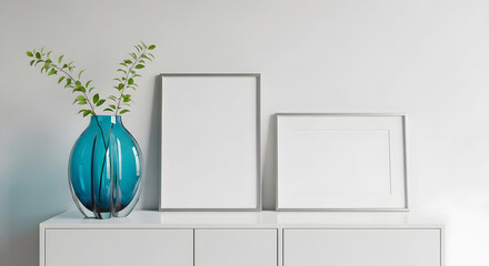 Mockup frames with vase on white cabinet decor
