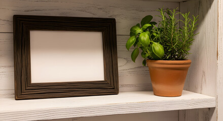 Rustic Mockup frame and herbs on shelf home decor