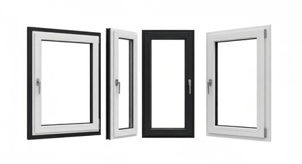 Four windows two white frames, two dark, one ajar