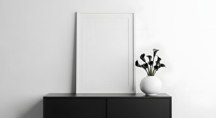 Blank frame mockup with black calla lily vase