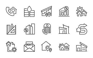 Home and House line icon set. Hotel, hospital, apartment, city, town house, mall, real estate, construction, home repair, renovation vector outline icons. Pixel-perfect editable stroke