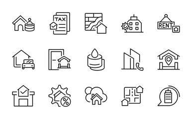 Fototapeta premium Home and House line icon set. Hotel, hospital, apartment, city, town house, mall, real estate, construction, home repair, renovation vector outline icons. Pixel-perfect editable stroke