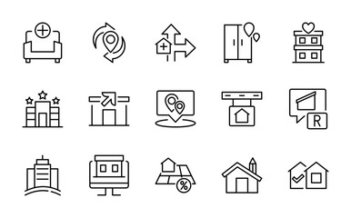 Home and House line icon set. Hotel, hospital, apartment, city, town house, mall, real estate, construction, home repair, renovation vector outline icons. Pixel-perfect editable stroke