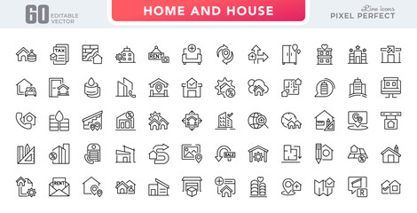 Home and House line icon set. Hotel, hospital, apartment, city, town house, mall, real estate, construction, home repair, renovation vector outline icons. Pixel-perfect editable stroke