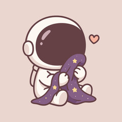 Cozy Astronaut Snuggling a Starry Blanket Cute Cartoon Illustration for Dreamy Spaces