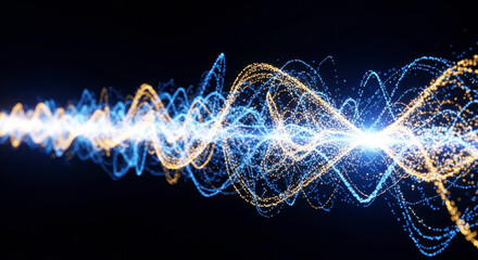 Dynamic glowing light trails pulse with vibrant energy, representing data streams and abstract motion.