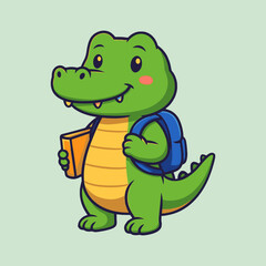 Cartoon Crocodile Student with Backpack and Book