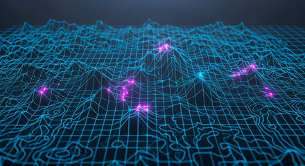 Dynamic digital landscape visualization with glowing data points illuminating terrain features