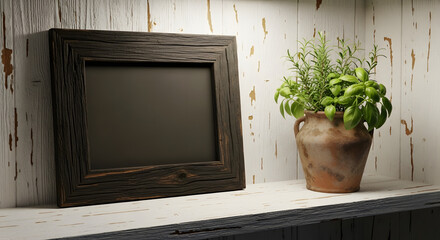 Rustic Mockup frame and herb pot on wooden shelf decor