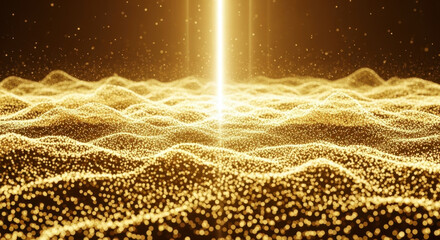 Golden particles shimmer like a magical ocean under a radiant beam of light, creating a luxurious abstract backdrop