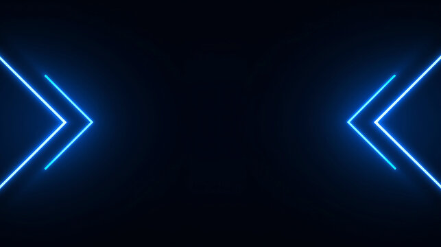Abstract dark background with vibrant blue neon glowing double arrow geometric shapes