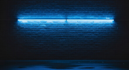 Vibrant blue neon light illuminates a textured brick wall, creating a modern, atmospheric backdrop.
