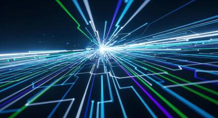 Dynamic digital network streams connect glowing data points in vibrant futuristic cyberspace.